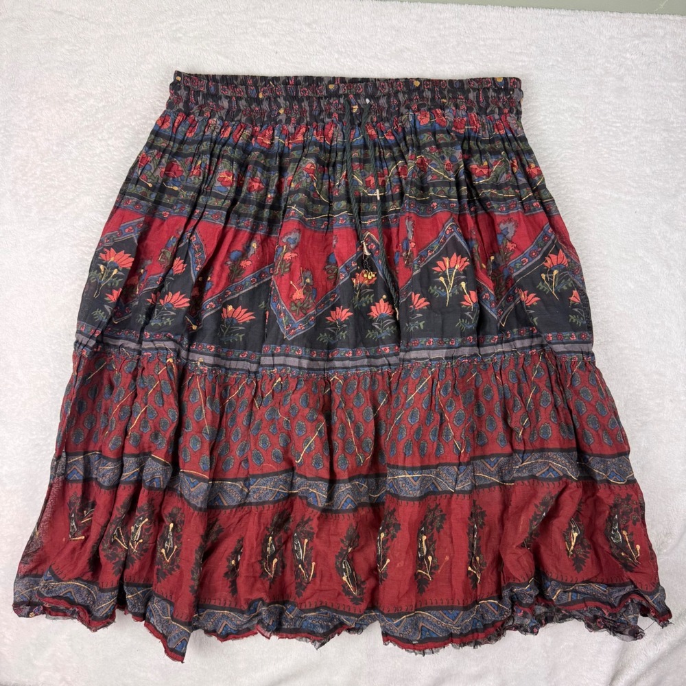 Vtg Sostanza Plus Size 18W Boho Floral Cotton Tiered Midi Skirt Red Navy Gypsy